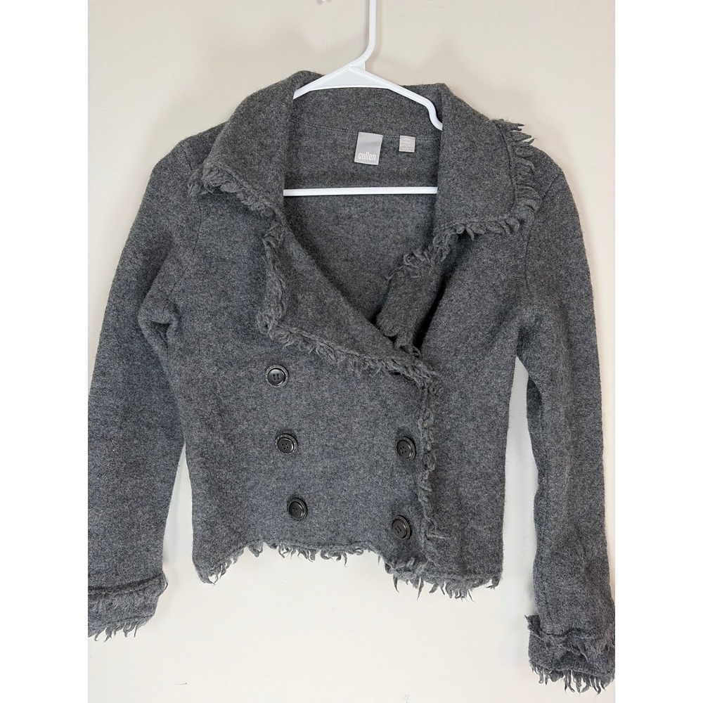 Cullen Women Gray 100% Merino Wool Fringe Double Breasted Cardigan Sweater M